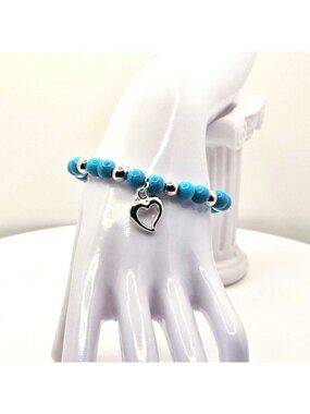 Turquoise And Silver Stretch Bracelet with Heart Charm Jewelry